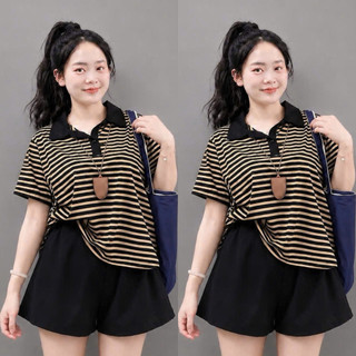 Đồ Bộ Bigsize Nữ Áo Thun Polo Cổ Bẻ Tay Ngắn Phối Quần Đùi Lưng Chun Cho Chubby A351+Q500