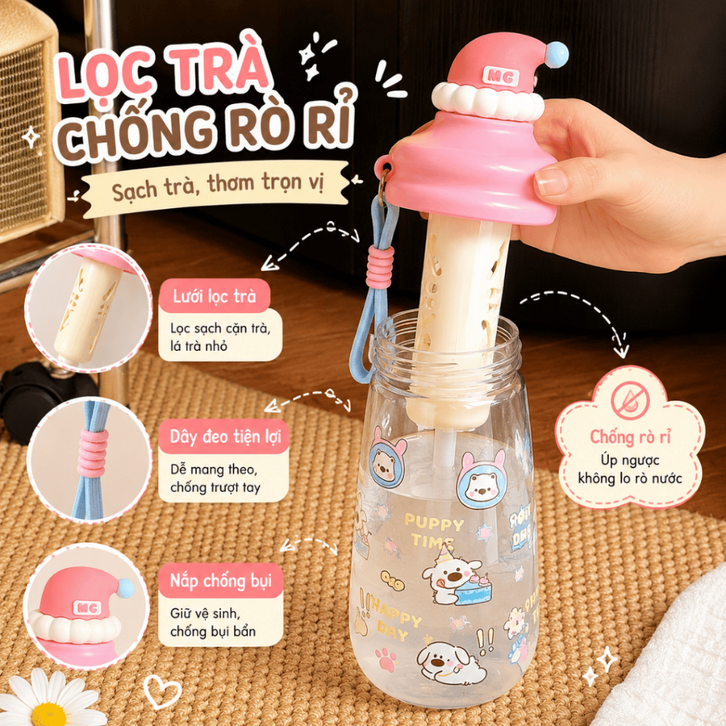 Bình Nước Có Lọc Trà Hình Trái Cây Dễ Thương 550ml Chống Rò Rỉ Có Dây Đeo