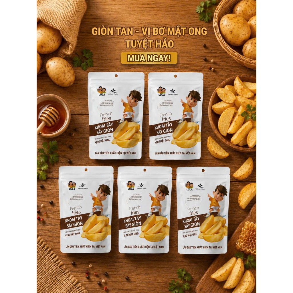 COMBO 5 gói Khoai tây sáy giòn Wakamono Organic thái miếng vị mật ong 60gam/gói, ăn vặt siêu ghiền