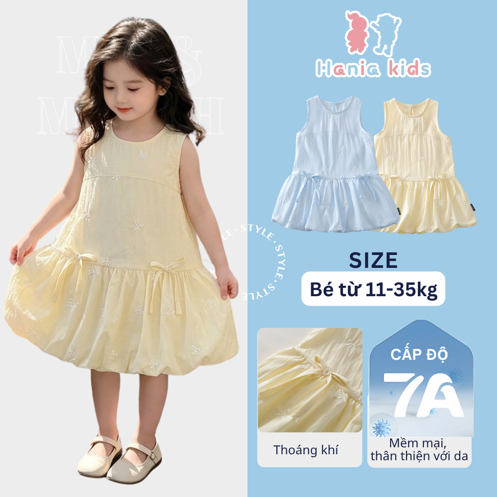 Váy Bé Gái, Váy Cho Bé Gái Thiết Kế Tiểu Thư Phối Nơ Nhẹ Nhàng Chân Váy Bí Chất Cotton Thoáng Mát