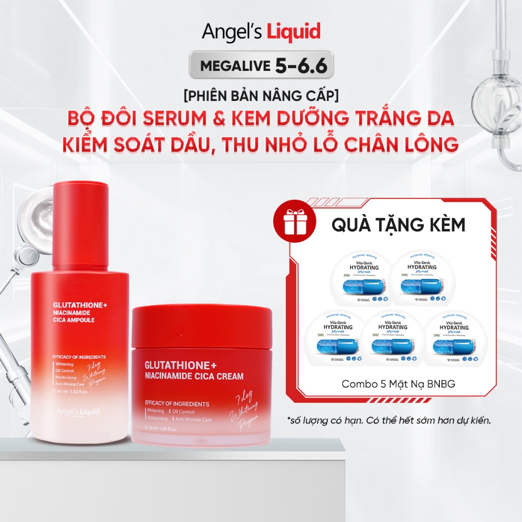 Bộ Đôi Serum & Kem Dưỡng Trắng Da, Kiềm Dầu Glutathione Niacinamide Arbutin CICA 45ml+50ml