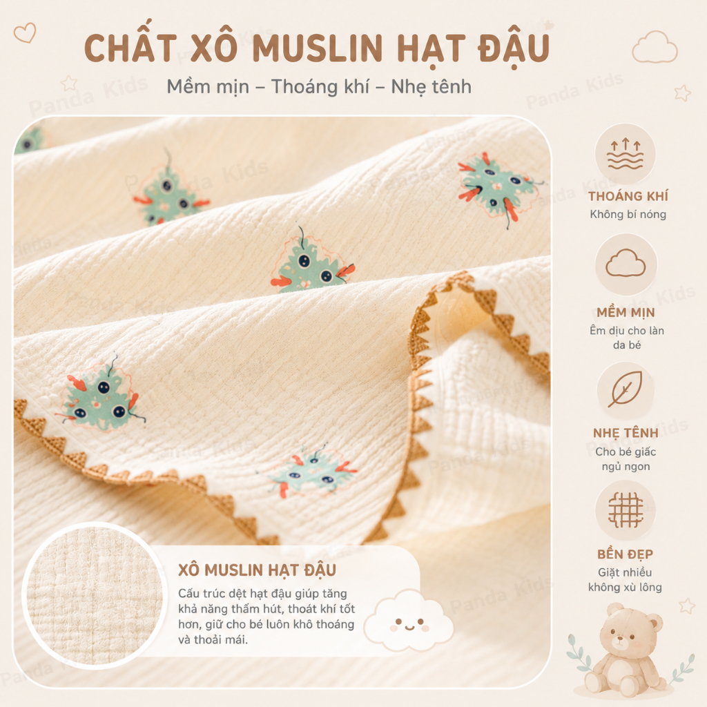 Chăn Hè Cho Bé, Chăn Xô Muslin Hạt Đậu Thoáng Khí Kích Thước 80*100cm Mềm Mịn Panda Kids - HT626