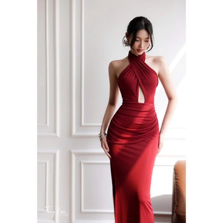Đầm đi dự tiệc, váy đi dự tiệc cổ yếm không tay cut out dáng dài ôm body thiết kế dự tiệc sự kiện sang trọng LEVAN Rose