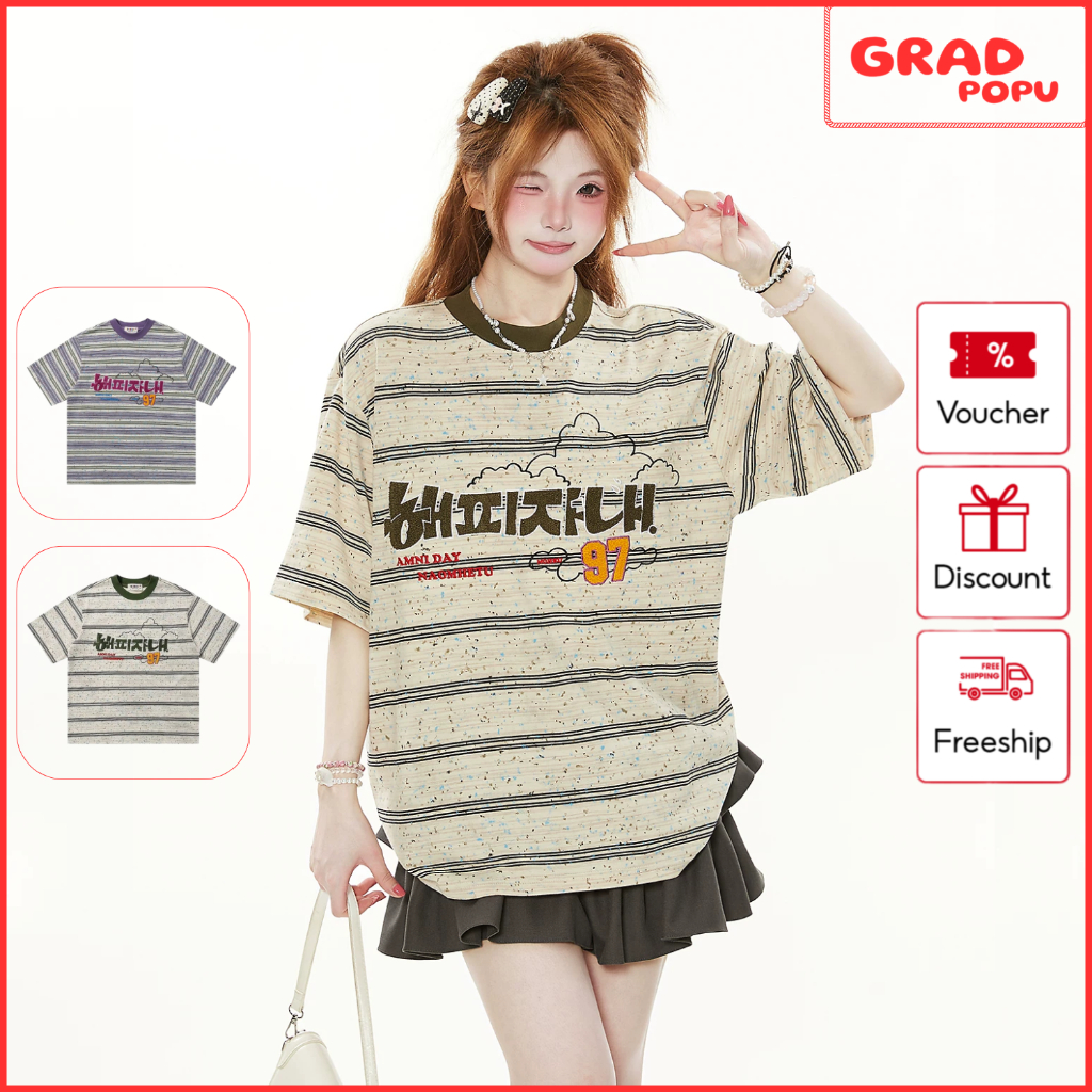 Áo thun nữ GRADPOPU oversize sọc ngang in chữ form rộng tay lỡ che bắp tay phong cách Hàn Quốc AN438