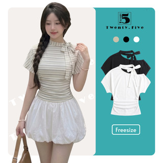 Áo Lệch Vai Nữ Twentyfive Thiết Kế Chiết Eo Tôn Dáng, Áo Kiểu Nữ Phối Dây Nơ Cổ Thời Trang Cá Tính 7245