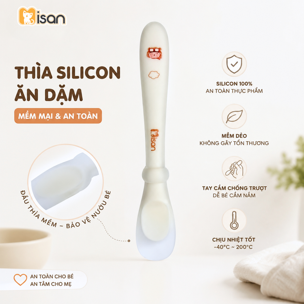 Thìa ăn dặm silicon Misan dùng cho bé sơ sinh, bé ăn dặm bảo vệ nướu mềm mại an toàn Luvamo
