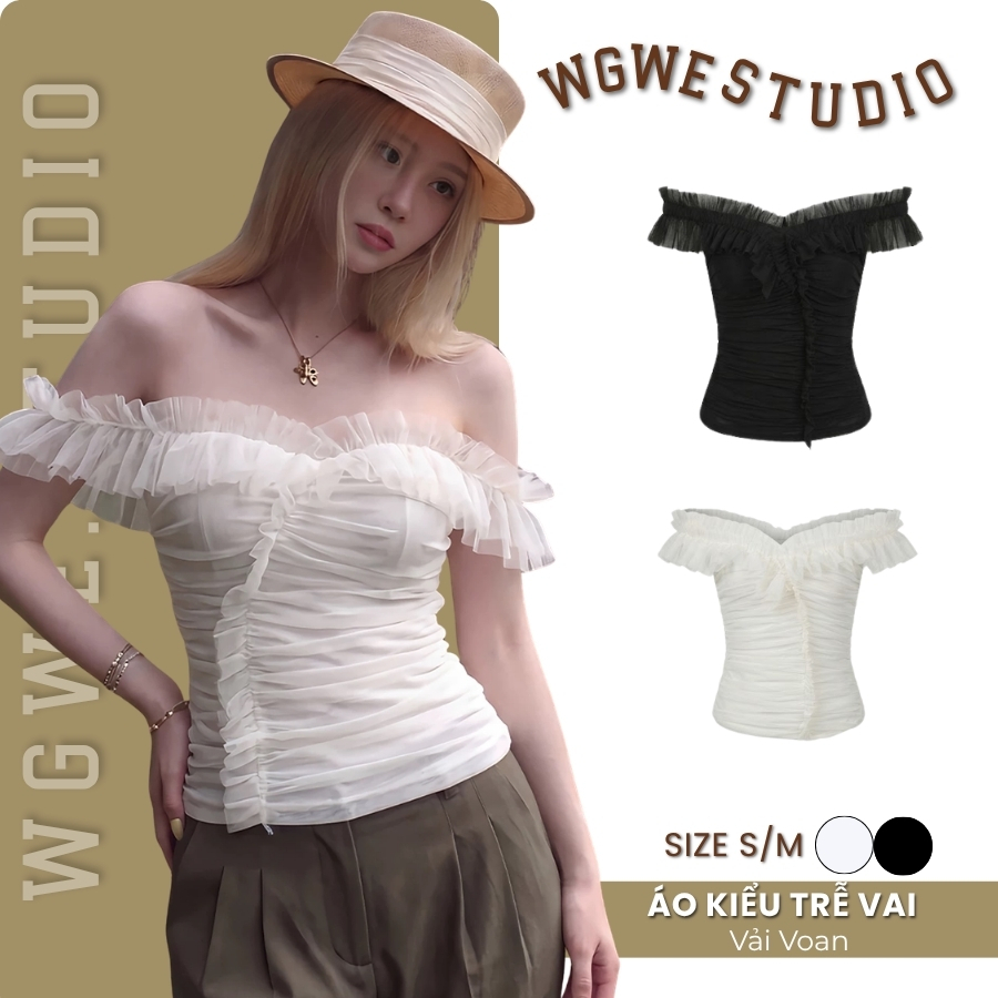 WGWE Studio Áo Trễ Vai Nữ Phối Bèo Voan Thiết Kế Xếp Ly Ngực Áo Kiểu ...