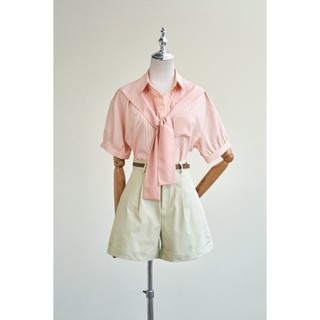 Áo Kiểu Nữ Sơ Mi LAMER FASHION Dáng Suông Kẻ Túi Ốp Phối Khăn Liền Ngắn Tay H61H25H008