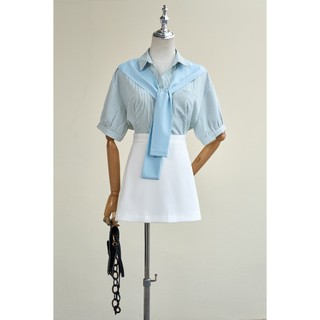 Áo Kiểu Nữ Sơ Mi LAMER FASHION Dáng Suông Kẻ Túi Ốp Phối Khăn Liền Ngắn Tay H61H25H008