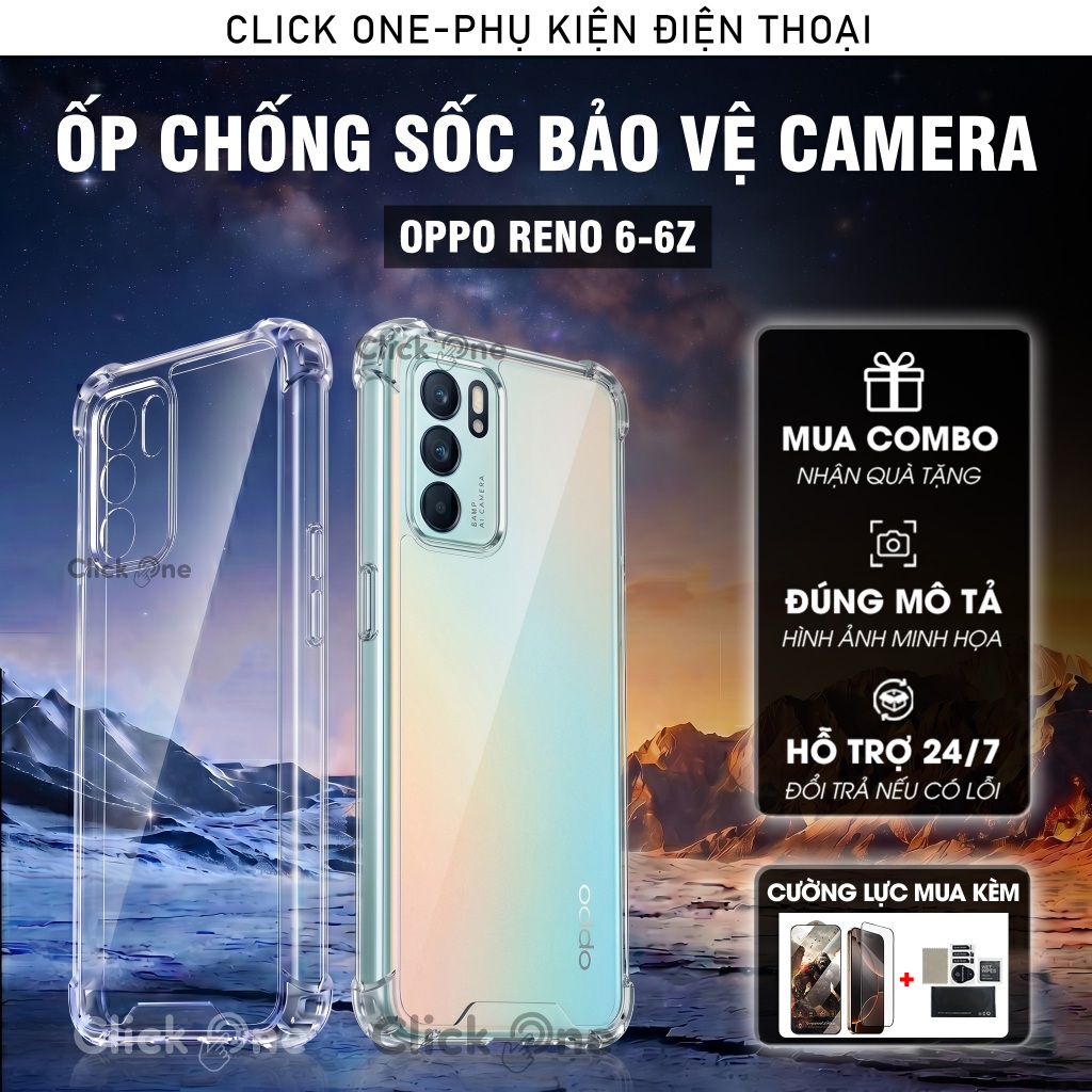 Ốp lưng Oppo Reno 6 4G/5G, 6Z 5G Silicon dẻo trong chống sốc 4 cạnh bảo vệ camera | Ốp lưng chống sốc - Clickone