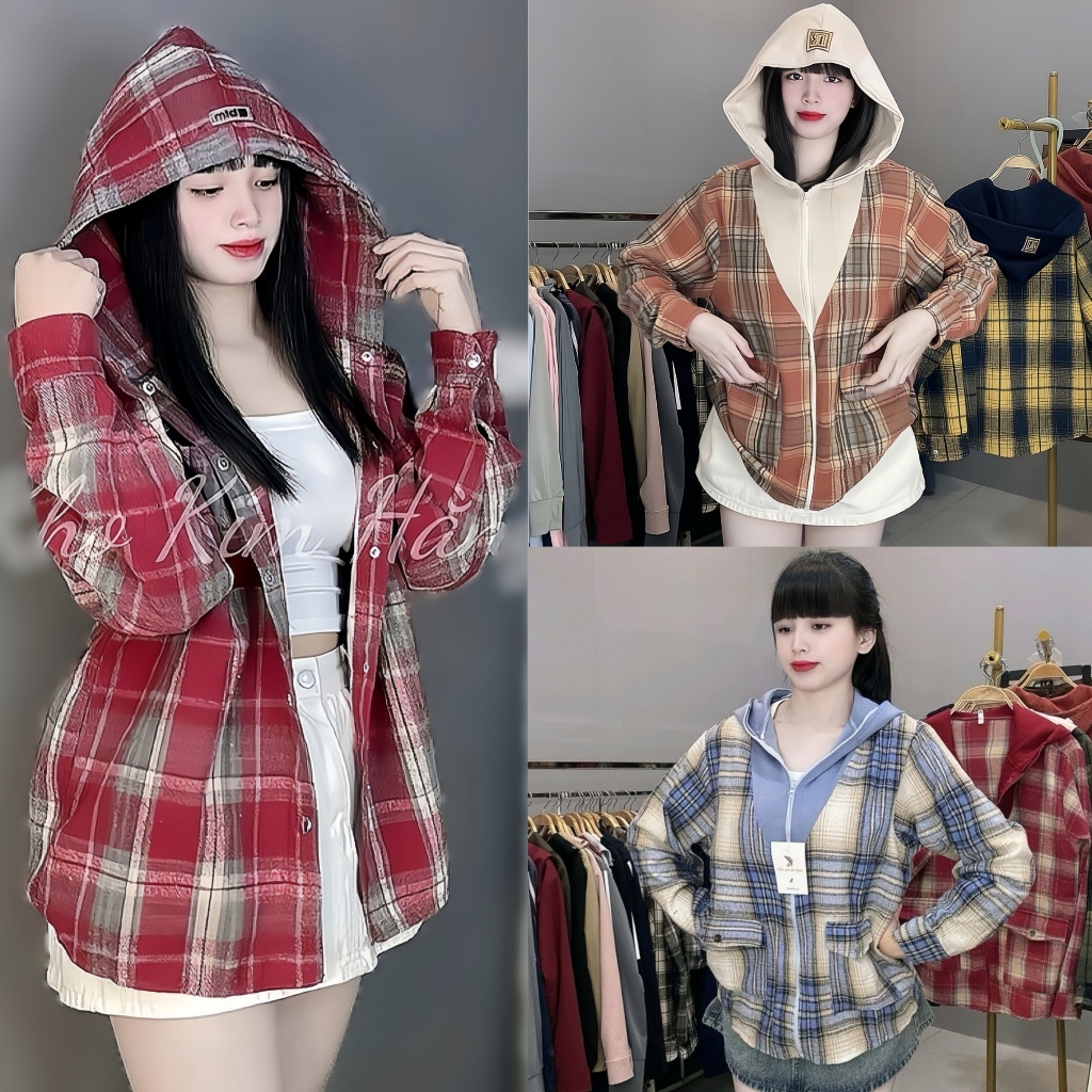 ( túi trong có khóa kéo ) Áo Khoác Sơ Mi Dạ Flannel Kẻ Caro  Nam , Nữ -Có Nón