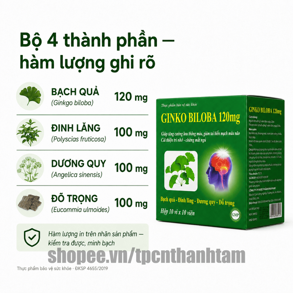 [Xanh Lá] Viên uống GINKGO BILOBA 120mg giúp tăng cường trí nhớ - Hộp 100 Viên