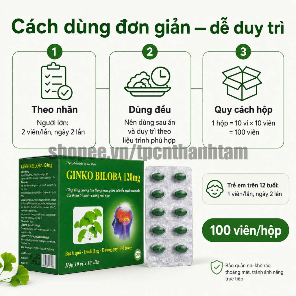 [Xanh Lá] Viên uống GINKGO BILOBA 120mg giúp tăng cường trí nhớ - Hộp 100 Viên