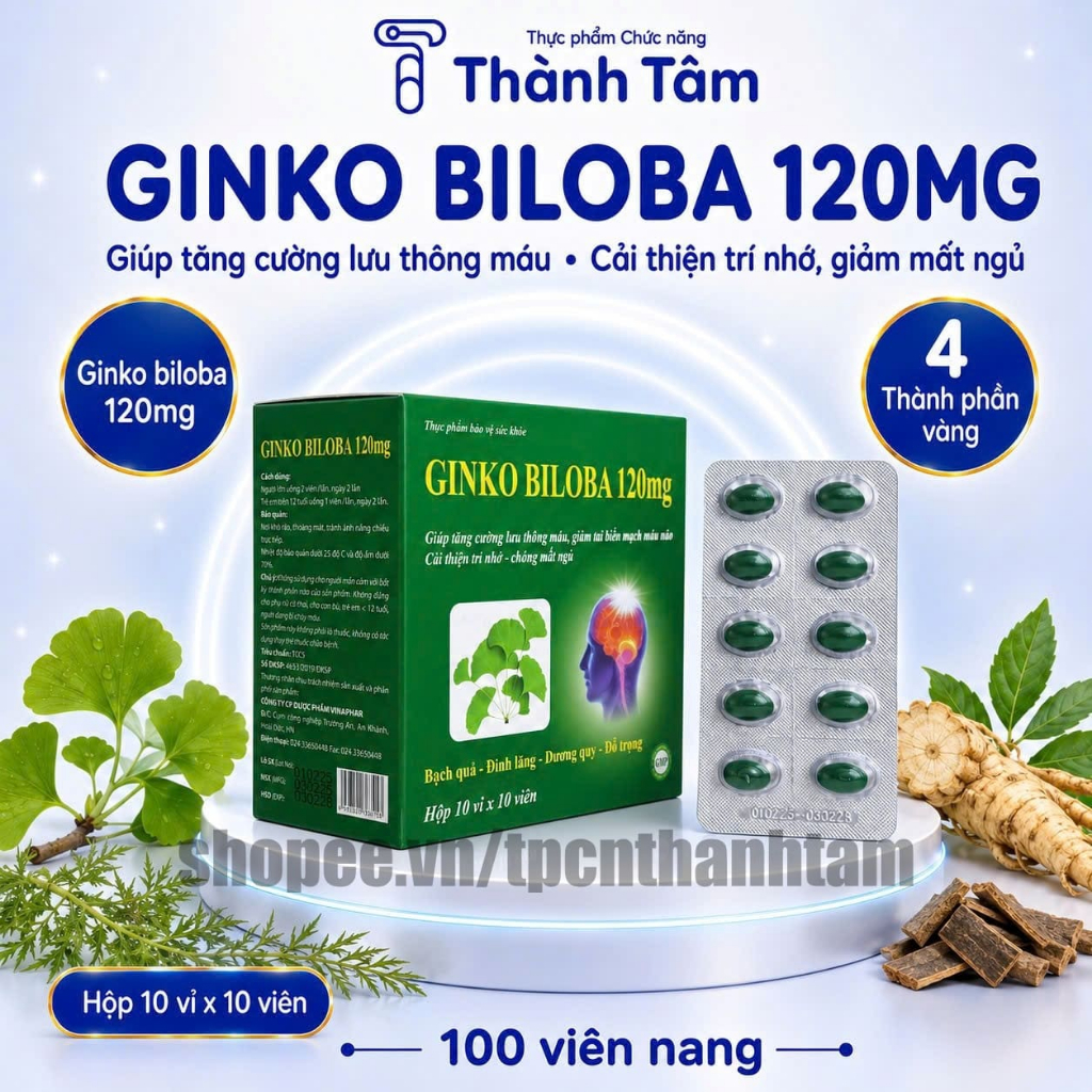 [Xanh Lá] Viên uống GINKGO BILOBA 120mg giúp tăng cường trí nhớ - Hộp 100 Viên