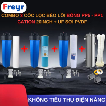 Combo 3 Cốc Lọc Béo 20 Inch + Lõi Bông, Cation, Lõi UF Sợi PVDF Vỏ Inox | Lọc Nước Tổng, Lọc Đầu Nguồn