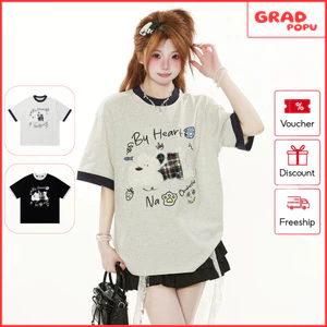 Áo thun nữ GRADPOPU oversize hình gấu dễ thương form rộng tay lỡ che bắp phối viền Hàn Quốc AN433