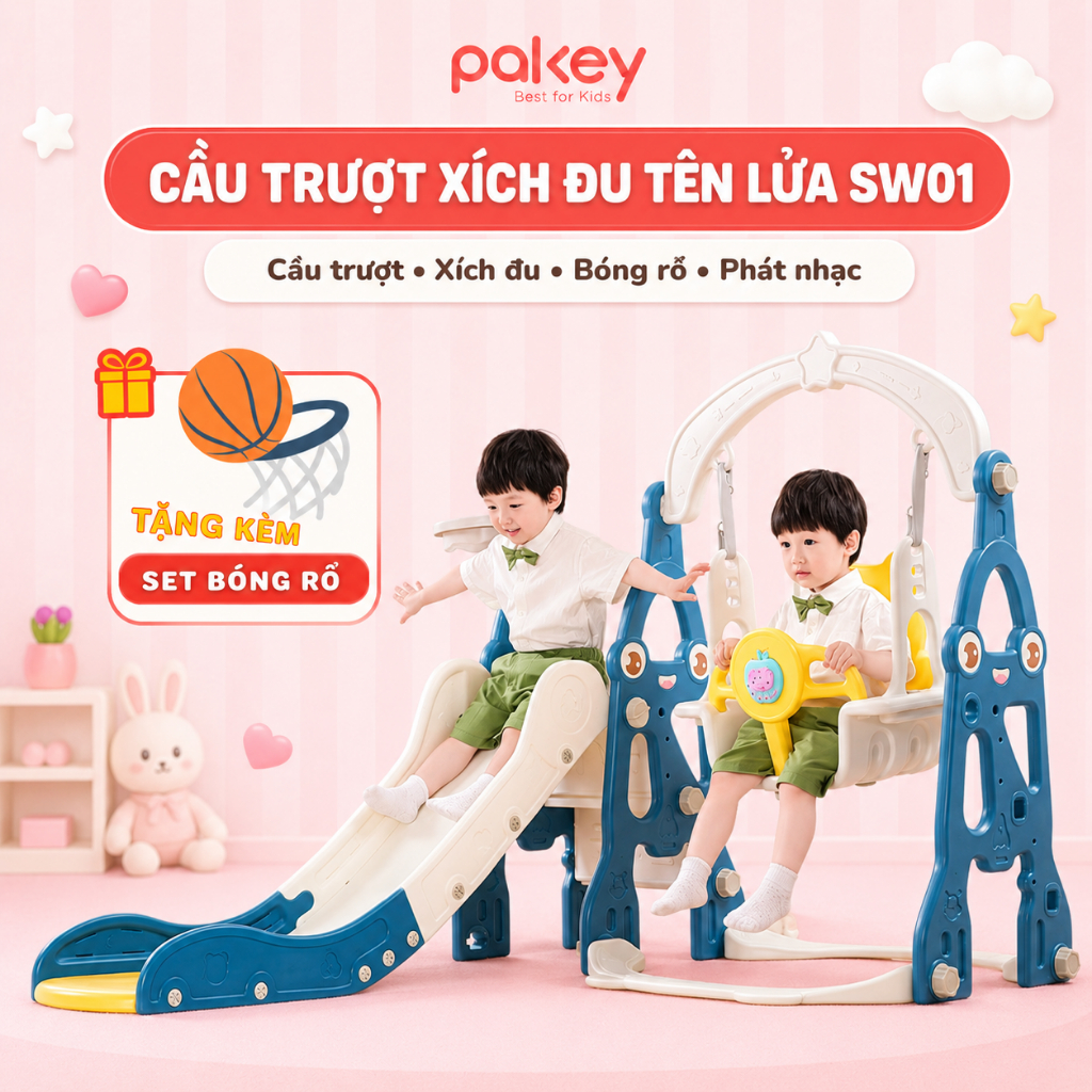 [NEW] Cầu Trượt Xích Đu Tên Lửa SW1 Có Máy Phát Nhạc TẶNG Kèm Bộ Bóng Rổ Vận Động Thú Vị Cho Bé