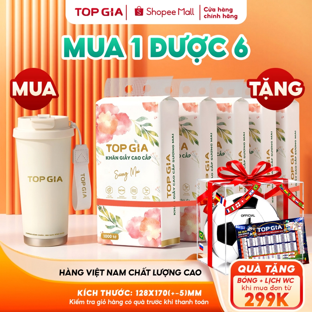 (MUA 1 TẶNG 5) Bình giữ nhiệt Topgia tặng 5 bịch khăn giấy rút đáy sương mai 1000 tờ 4 lớp hàng Việt
