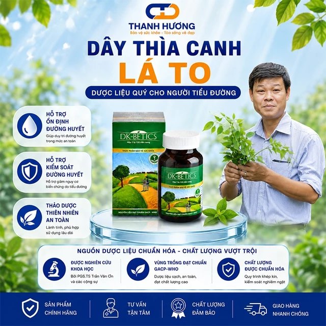 Viên uống tiểu đường dây thìa canh lá to DK Betics 120v hỗ trợ hạ và ổn định đường huyết an toàn, lành tính DKPHARMA