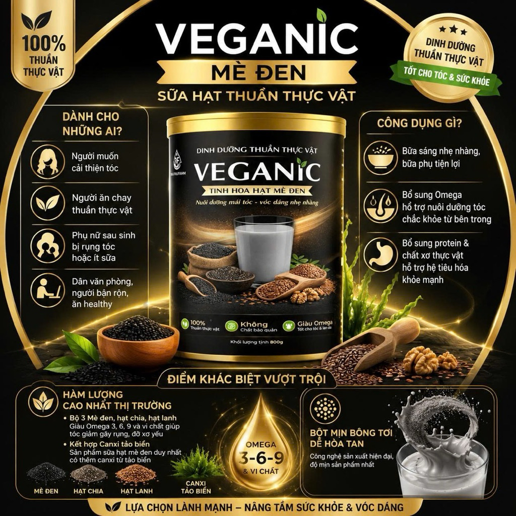 {chính hãng} Bột mè đen VEGANIC dinh dưỡng thuần thưc vật, nuôi dưỡng tóc chắc khỏe, vóc dáng cân đối 400g-800g