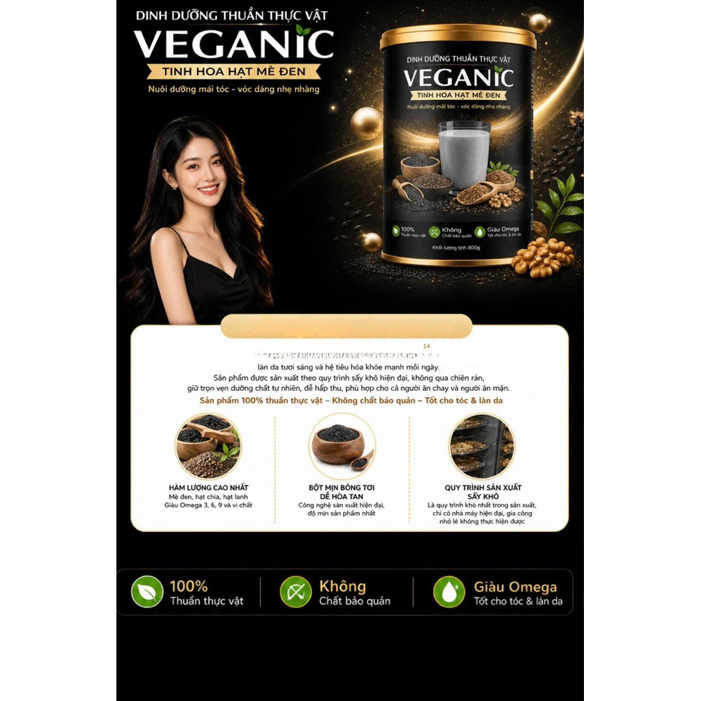 {chính hãng} Bột mè đen VEGANIC dinh dưỡng thuần thưc vật, nuôi dưỡng tóc chắc khỏe, vóc dáng cân đối 400g-800g