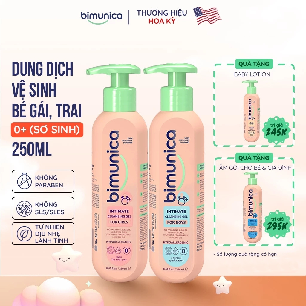 Dung Dịch Vệ Sinh Vùng Kín Và Mông Bé Bimunica - Cho Bé Gái/Trai Từ 0 Tháng Tuổi, Dịu Nhẹ