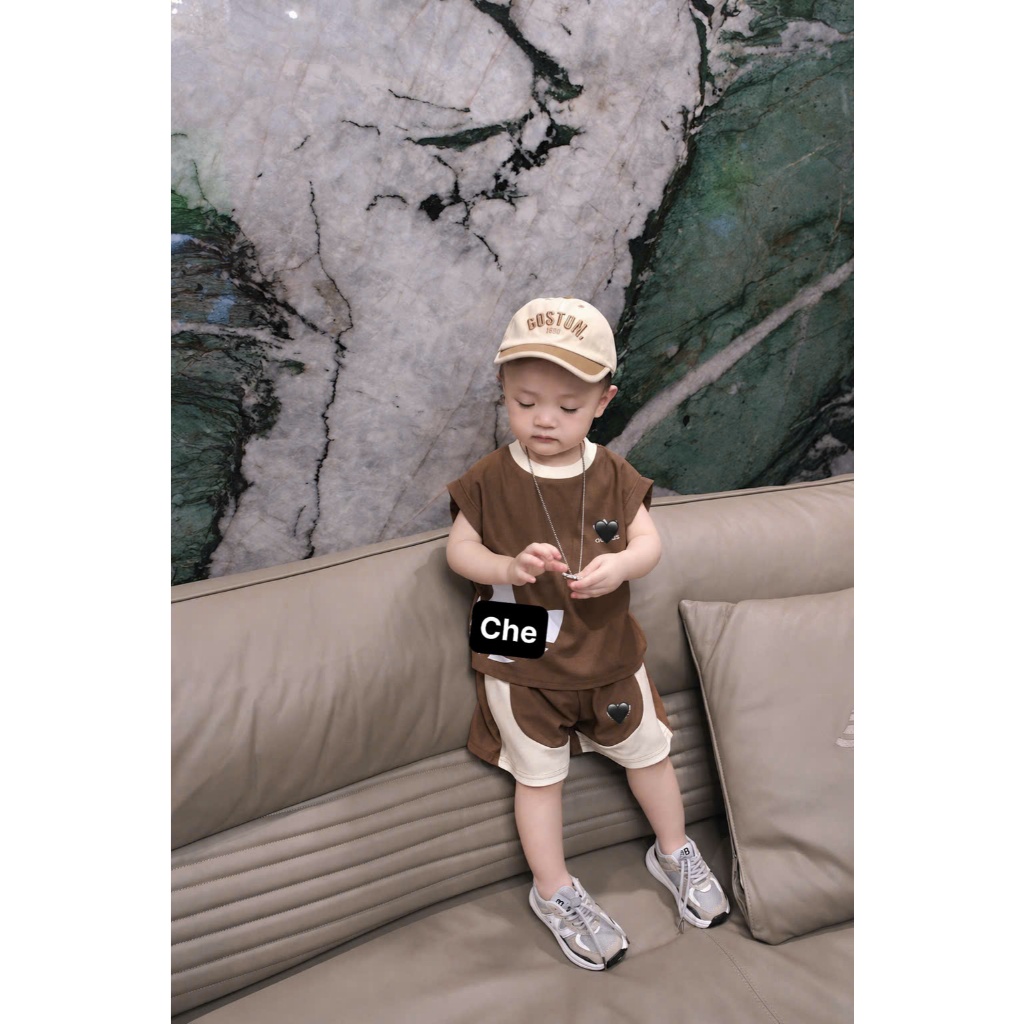 Set Đồ Bé Trai Màu Nâu Kem,Bộ Quần Áo Bé Trai Cotton Mềm Mát Áo Ba Lỗ+Quần Short Thể Thao 6-15kg A37
