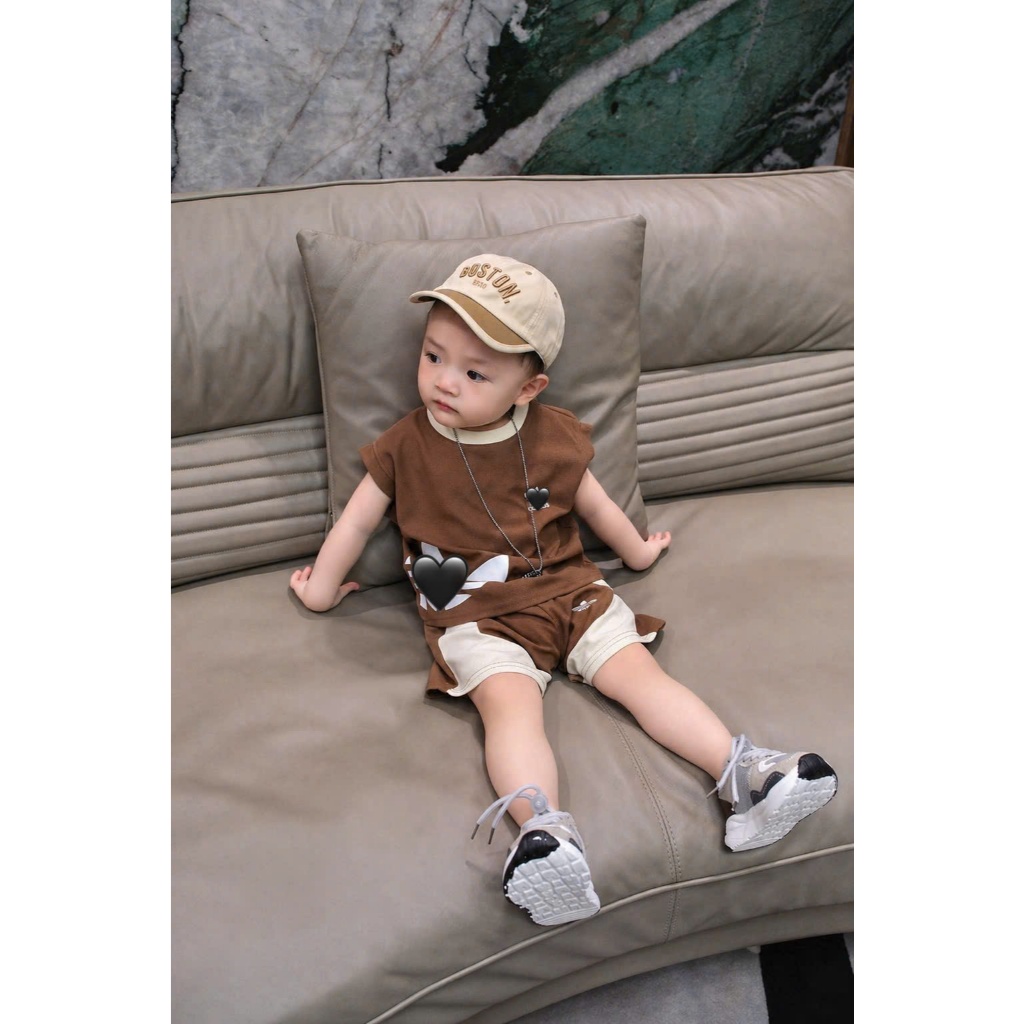 Set Đồ Bé Trai Màu Nâu Kem,Bộ Quần Áo Bé Trai Cotton Mềm Mát Áo Ba Lỗ+Quần Short Thể Thao 6-15kg A37