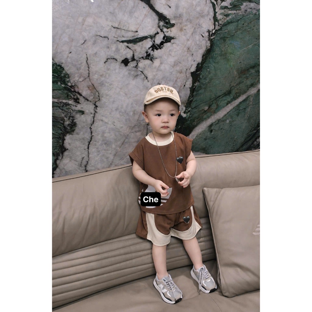 Set Đồ Bé Trai Màu Nâu Kem,Bộ Quần Áo Bé Trai Cotton Mềm Mát Áo Ba Lỗ+Quần Short Thể Thao 6-15kg A37