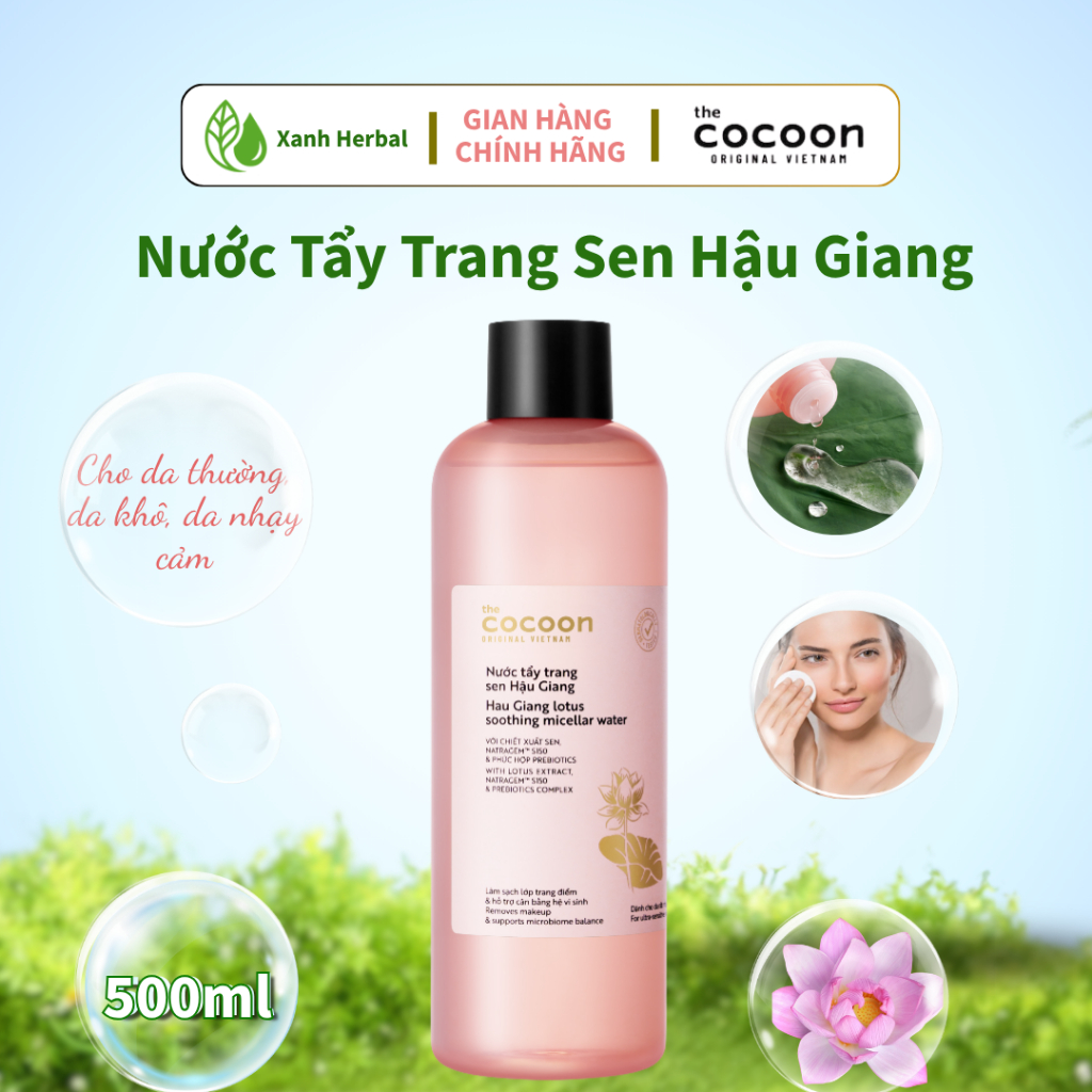Nước Tẩy Trang Sen Hậu Giang Cocoon 500ml/140ml - Làm Sạch Dịu Nhẹ, Cấp Ẩm, Dành Riêng Cho Da Nhạy Cảm
