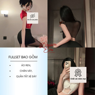 [Dream Em] Fullset Đồ Ngủ Ren Cosplay Nữ Thư Ký Cut-out Ngực Kèm Quần Tất Xẻ Đáy