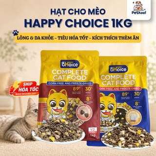 Thức Ăn Hạt Cho Mèo HappyChoice V1, V2 Túi 1KG - Không Bắp MIX TOPPING 3 Loại Thịt Sấy , Hỗ Trợ Tiêu Hóa - PetKool