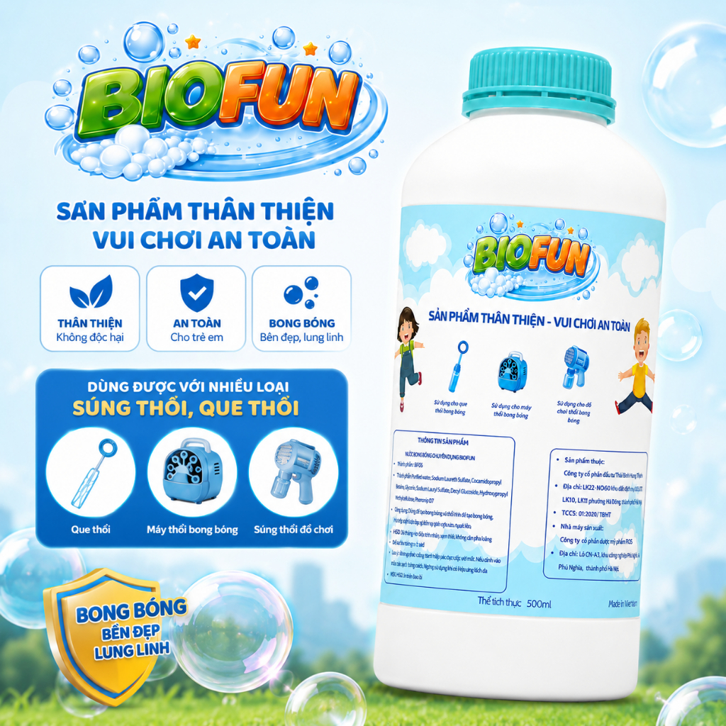 Nước tạo bong bóng Biofun 500ml an toàn cho bé siêu nhiều bong bóng dùng được cho que và máy thổi