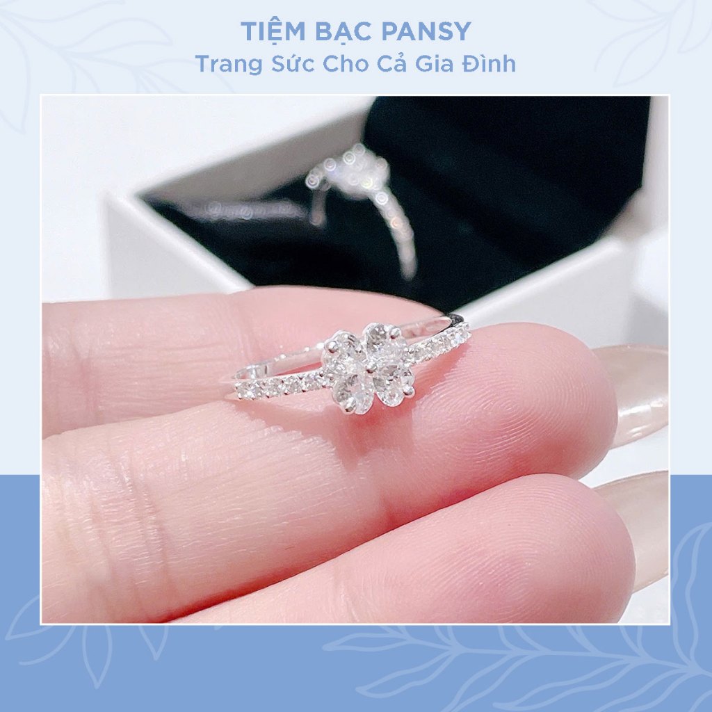 Nhẫn bạc nữ PANSY hình cỏ 4 lá cánh tim đính đá chuẩn bạc ta