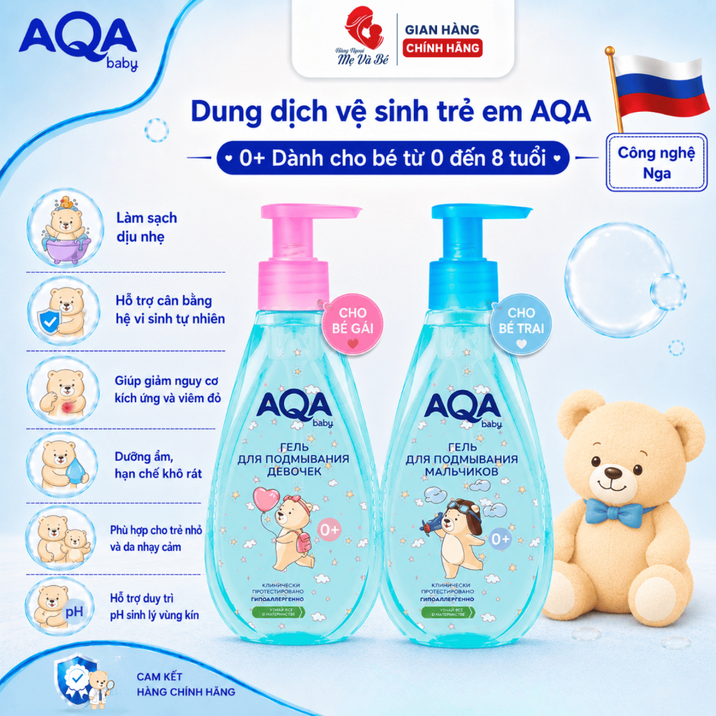 Dung dịch vệ sinh trẻ em AQA BABY cho bé từ 0-8 tuổi - 250ml