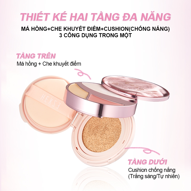 Cushion HEXZE 3in1 tích hợp chống nắng SPF50+, PA++++ Che Khuyết Điểm, Má Hồng Cushion Chống Nắng,trang điểm tự nhiên