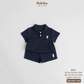 Bộ Polo Cộc Tay Trơn Thêu Gấu Cho Bé Trai, Bé Gái Hokiha Vải Cotton Organic Mềm Mại, Thoáng Mát Size 8-17kg B107