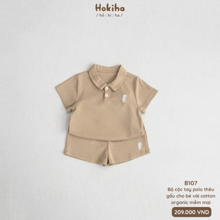 Bộ Polo Cộc Tay Trơn Thêu Gấu Cho Bé Trai, Bé Gái Hokiha Vải Cotton Organic Mềm Mại, Thoáng Mát Size 8-17kg B107