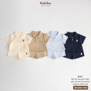 Bộ Polo Cộc Tay Trơn Thêu Gấu Cho Bé Trai, Bé Gái Hokiha Vải Cotton Organic Mềm Mại, Thoáng Mát Size 8-17kg B107
