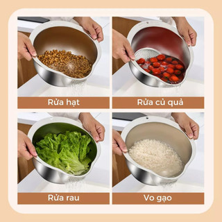 Rổ Vo Gạo Inox 304 Cao Cấp – Thép Không Gỉ An Toàn, Rổ Rửa Rau Hoa Quả Có Lỗ Thoát Nước Tiện Lợi