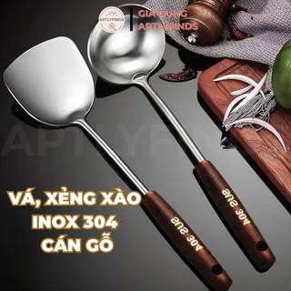 Vá, Xẻng Xào Inox 304 Cán Gỗ APTLYFINDS Muôi, Sạn Xào Thức Ăn Cao Cấp