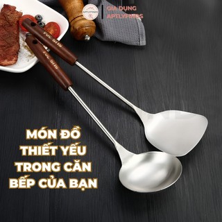 Vá, Xẻng Xào Inox 304 Cán Gỗ APTLYFINDS Muôi, Sạn Xào Thức Ăn Cao Cấp