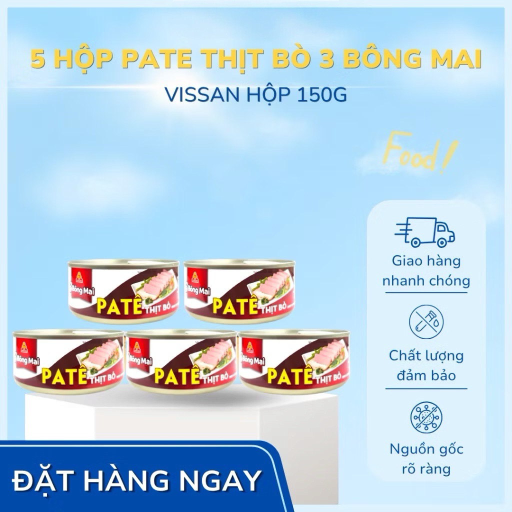 Vissan Combo 5 hộp Pate Thịt Bò 3 Bông Mai 150g Chính Hãng, Date Mới