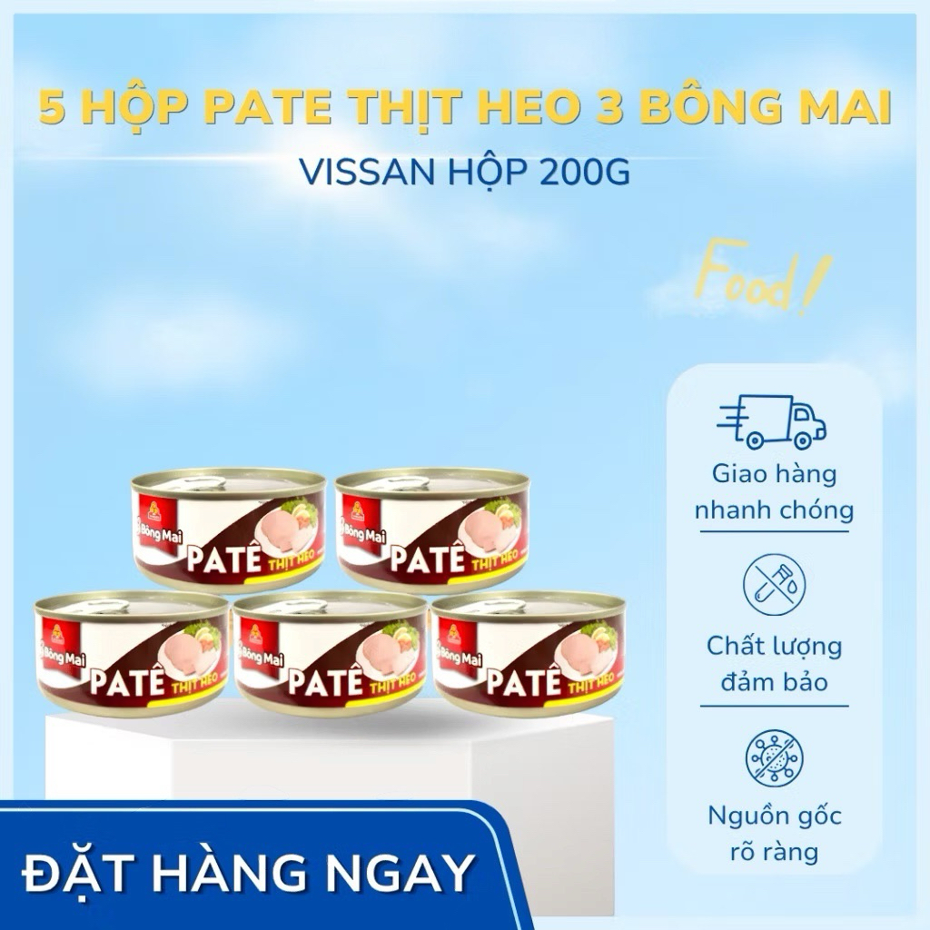 Vissan Combo 5 hộp Pate Thịt Heo 3 Bông Mai 150g Chính Hãng, Date Mới