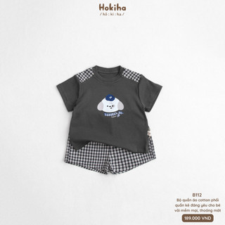 Bộ Cộc Tay Phối Quần Kẻ Caro In Hình Dễ Thương Cho Bé Hokiha Vải Cotton Mềm Mại, Thoáng Mát Size 8-17kg B112