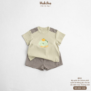 Bộ Cộc Tay Phối Quần Kẻ Caro In Hình Dễ Thương Cho Bé Hokiha Vải Cotton Mềm Mại, Thoáng Mát Size 8-17kg B112