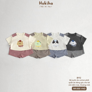 Bộ Cộc Tay Phối Kẻ Caro In Hình Dễ Thương Cho Bé Trai, Bé Gái Hokiha Vải Cotton Mềm Mại, Thoáng Mát Size 8-17kg B112