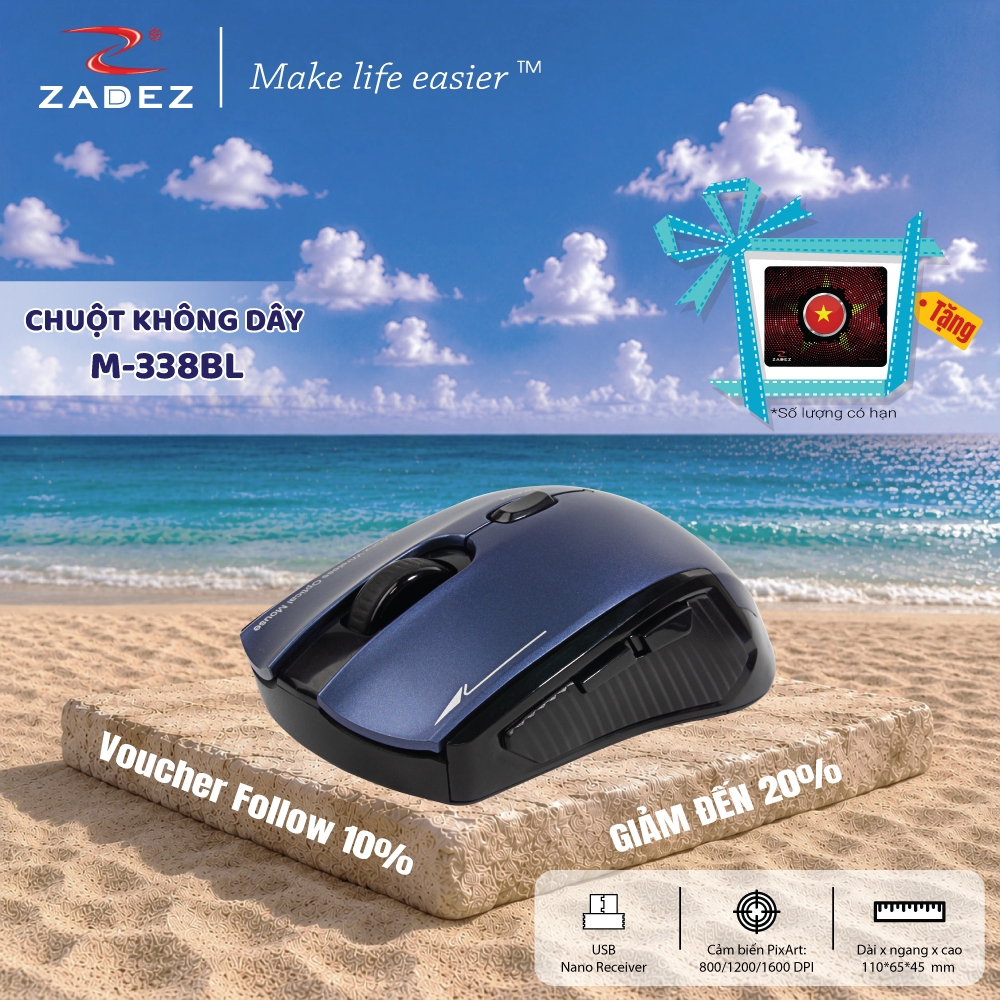 Chuột Không Dây ZADEZ M-338 - Cảm Biến PixArt, 1600DPI, Thiết Kế Ergonomic