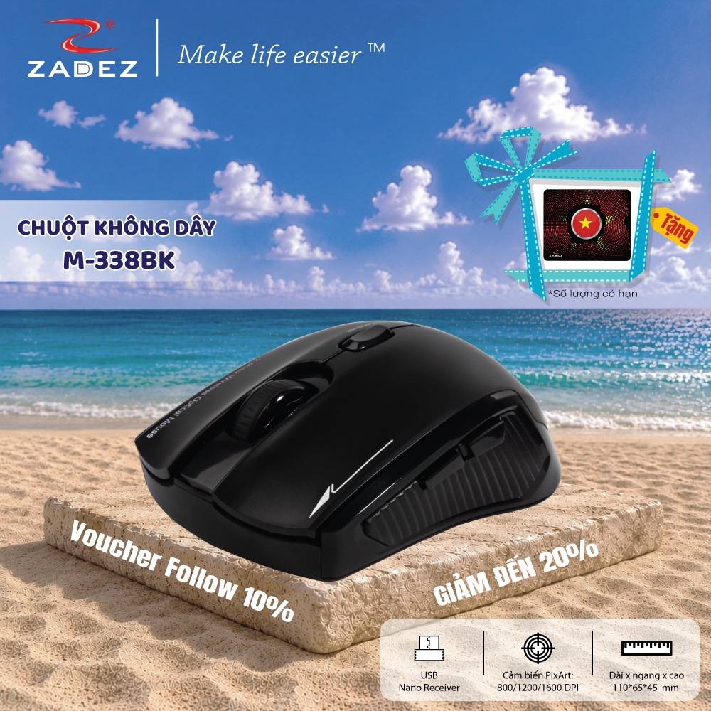 Chuột Không Dây ZADEZ M-338 - Cảm Biến PixArt, 1600DPI, Thiết Kế Ergonomic