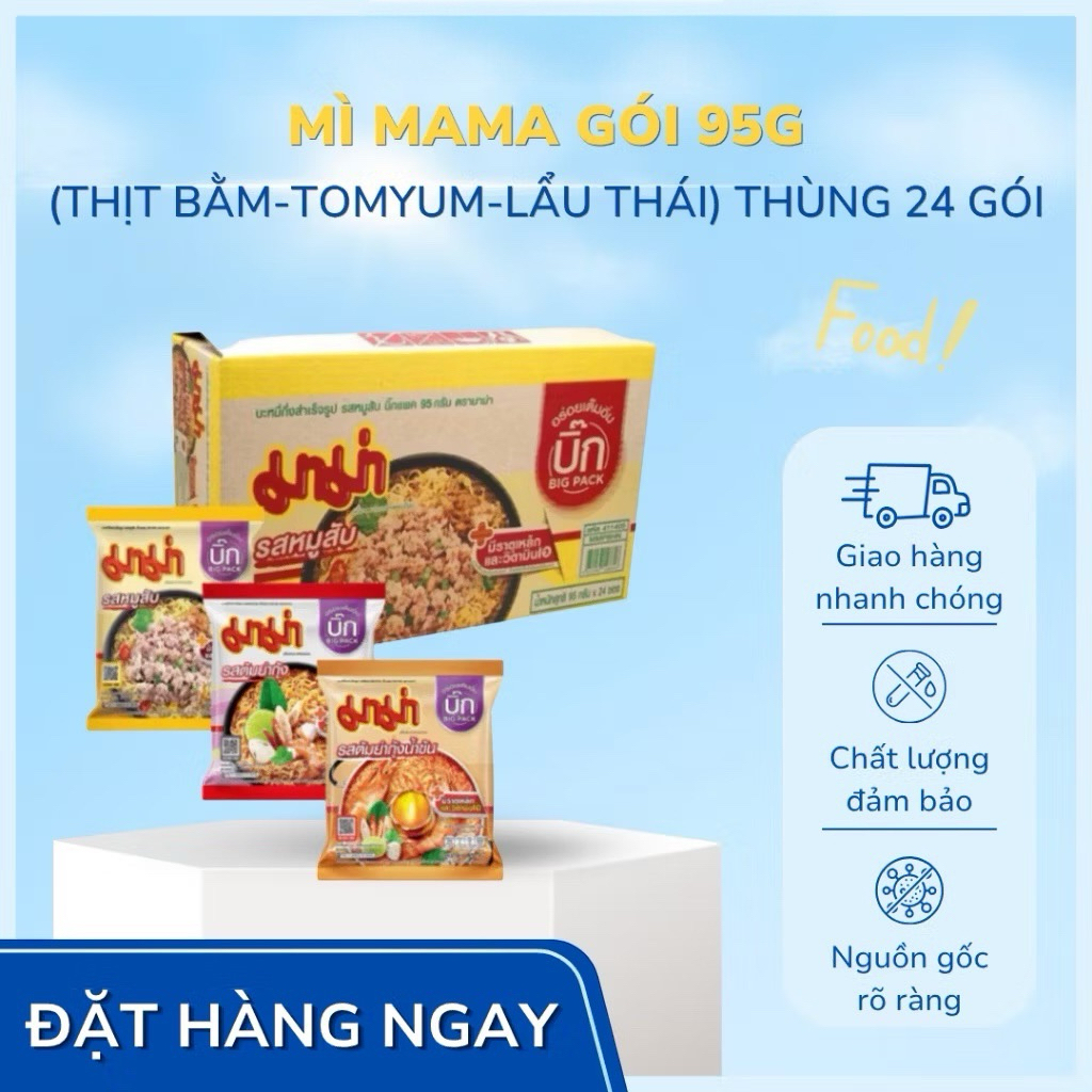 MÌ MAMA GÓI 95G(Thịt Bằm-Tomyum-Lẩu Thái)-THÙNG 24